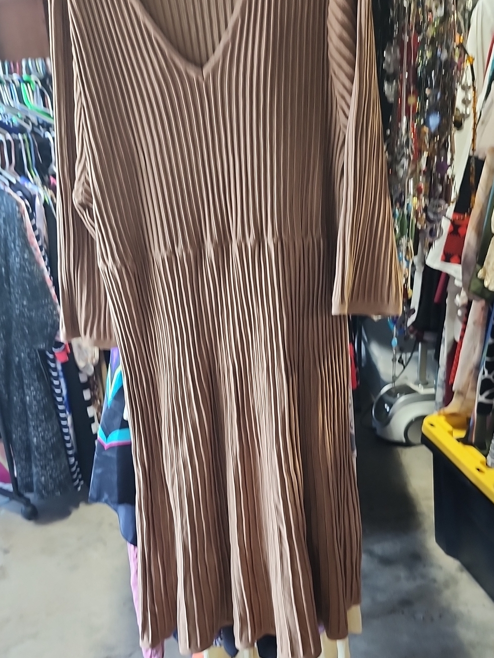 V-Neck Brown Pleated Maxi Dress with Long Sleeves
